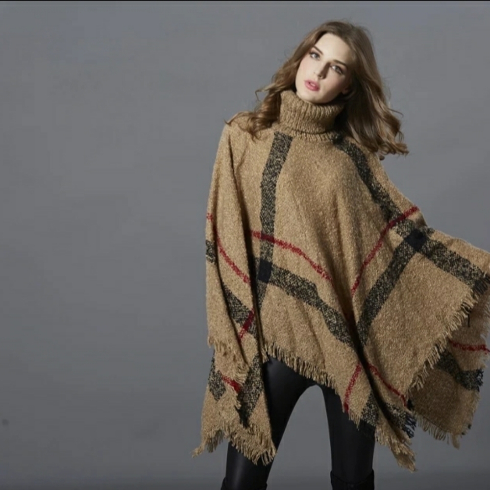 COZY PLAID PONCHO W/ TURTLENECK - Picture 7 of 16